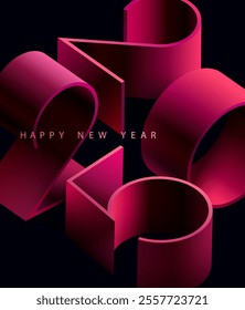 New year 2025. Color 3D numbering design. Geometric greeting card with red isometric calendar date.