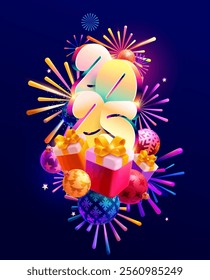 New year 2025. Color 3D number with gift boxes and bright firework. Festive greeting card design.