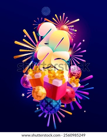 New year 2025. Color 3D number with gift boxes and bright firework. Festive greeting card design.