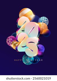 New year 2025. Colored 3D lettering design with christmas balls. Festive greeting card template.