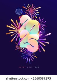 New year 2025. Colored 3D lettering design. Big numbers with colorful firework. Festive greeting card template.