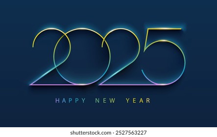 Nuevo año 2025. Números de colores sobre fondo azul. Diseño de tarjeta de felicitación de elegancia.
