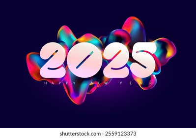 New year 2025. Colorful greeting card design with white numbers and iridescent bubbles. Multicolor numbering design.