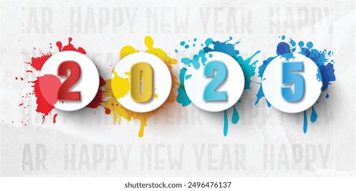 New Year 2025 with a colorful paint concept with numbers attached to round objects. for Celebrate 2025 party, calender and poster