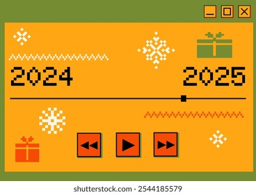 New Year 2025 is coming banner. Pixel retro window. Concept print, banner, template design . Trendy 90s sticker.