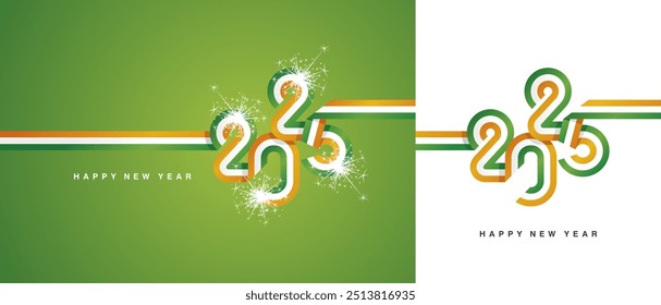 New Year 2025 continuous ribbon in the shape of 2025. Abstract green white orange flag of Ireland shape 2025 logo gift wrapping tape isolated on white and green background