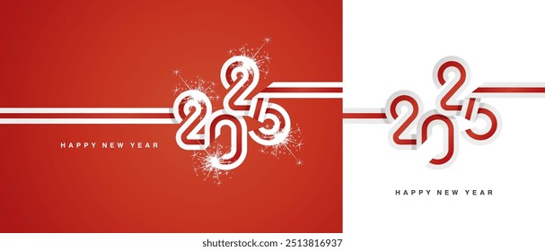 New Year 2025 continuous ribbon in the shape of 2025. Abstract white red flag of England shape 2025 logo gift wrapping tape isolated on white and red background