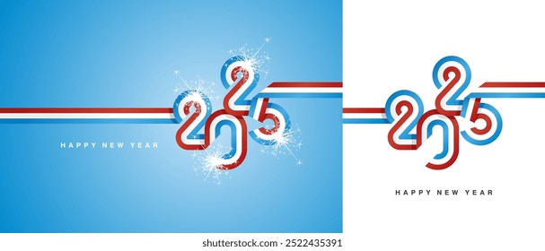 New Year 2025 continuous ribbon in the shape of 2025. Abstract red white light blue flag of Luxembourg shape 2025 logo with sparkle firework isolated on white and light blue background