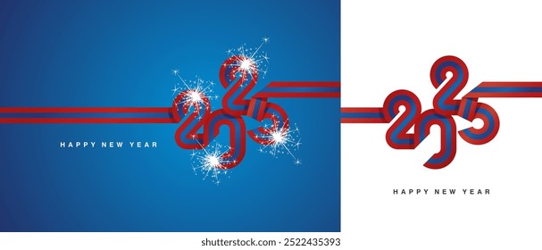 Cinta Nueva del año 2025 con la forma de 2025. Bandera azul roja Abstractas de la forma de Laos 2025 logotipo con fuegos artificiales brillantes aislados sobre fondo blanco y azul