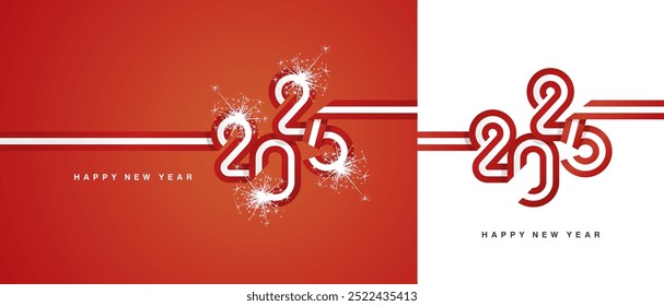 New Year 2025 continuous ribbon in the shape of 2025. Abstract red white flag of Austria shape 2025 logo with sparkle firework isolated on white and red background