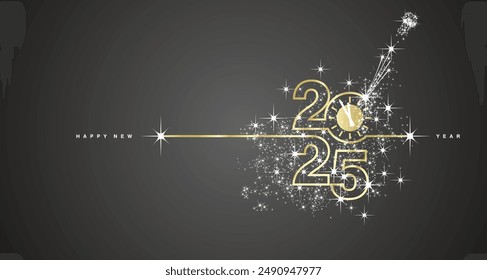 Nuevo año 2025 línea de cuenta regresiva diseño de fuegos artificiales champán oro blanco fondo negro Vector