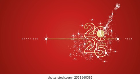 Neujahr 2025 Countdown Linie Design Feuerwerk Champagner Gold Weiß Rot Hintergrund Vektor