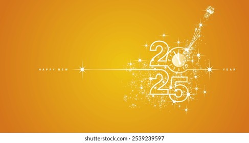 New Year 2025 countdown line design firework champagne white orange yellow background vector