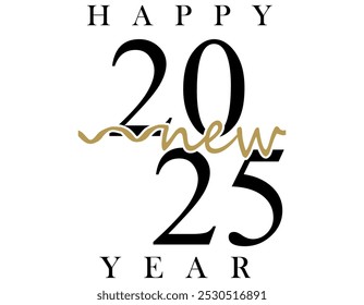 New Year 2025 creative banner with cute isolated number 2025, black and golden elements. Handwritten style. White background. Black and white design.