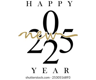 New Year 2025 creative banner with cute isolated number 2025, black and golden elements. Handwritten style. White background. Black and white design.