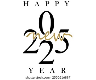 New Year 2025 creative banner with cute isolated number 2025, black and golden elements. Handwritten style. White background. Black and white design.