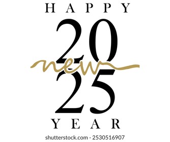 New Year 2025 creative banner with cute isolated number 2025, black and golden elements. Handwritten style. White background. Black and white design.