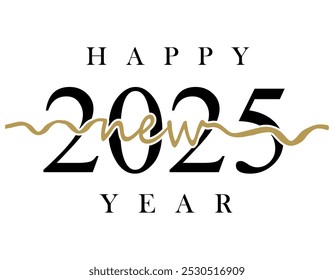 New Year 2025 creative banner with cute isolated number 2025, black and golden elements. Handwritten style. White background. Black and white design.