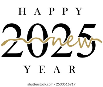 New Year 2025 creative banner with cute isolated number 2025, black and golden elements. Handwritten style. White background. Black and white design.