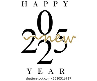 New Year 2025 creative banner with cute isolated number 2025, black and golden elements. Handwritten style. White background. Black and white design.