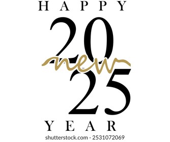 New Year 2025 creative banner with cute isolated number 2025, black and golden elements. Handwritten style. White background. Black and white design.