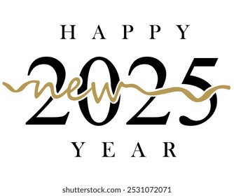 New Year 2025 creative banner with cute isolated number 2025, black and golden elements. Handwritten style. White background. Black and white design.