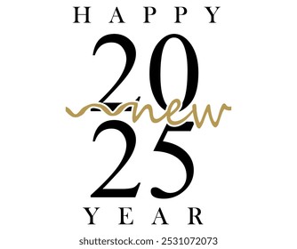 New Year 2025 creative banner with cute isolated number 2025, black and golden elements. Handwritten style. White background. Black and white design.