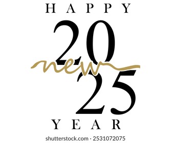 New Year 2025 creative banner with cute isolated number 2025, black and golden elements. Handwritten style. White background. Black and white design.