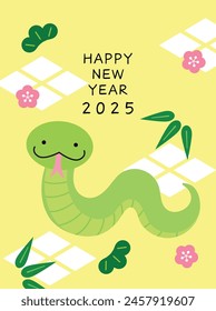 New year 2025 cute snake with pine, bamboo and plum blossom, three friends of winter plants pattern. Chinese new year of the snake cute cartoon card.