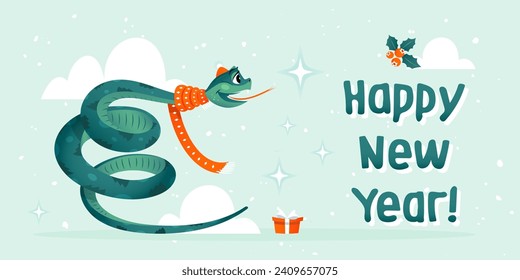 New Year 2025. Cute wood snake wearing winter beanie and scarf. Chinese Zodiac symbol. Kid illustration.