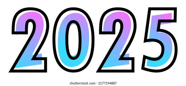 Texto de diseño de Año Nuevo 2025 con color de gradiente azul-violeta y contorno negro
