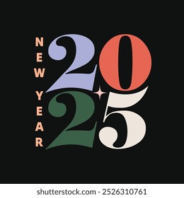 New year 2025 Elegant typography logo vector illustration. Happy New Year 2025 Lettering greeting card on black Background. New year colorful logo, sticker for banner, poster.