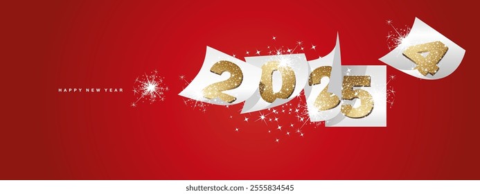 New Year 2025 and the end of 2024. Winter holiday greeting card design template on red background. Golden glittering new year 2025 and the end of 2024 on white calendar sheets and sparkle firework