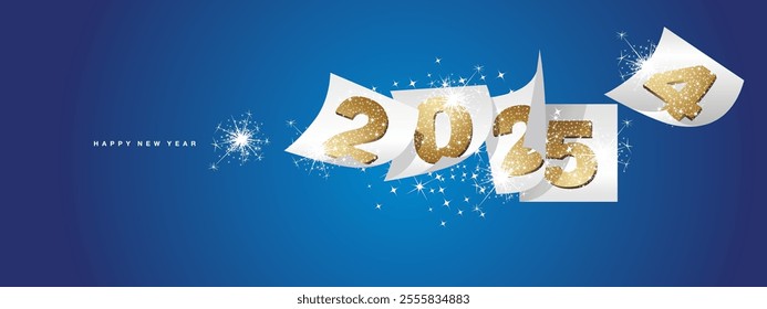 New Year 2025 and the end of 2024. Winter holiday greeting card design template on blue background. Golden glittering new year 2025 and the end of 2024 on white calendar sheets and sparkle firework