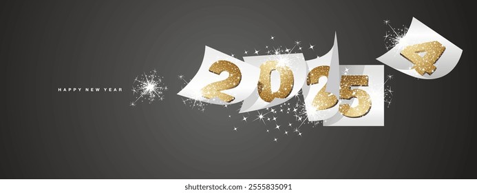 New Year 2025 and the end of 2024. Winter holiday greeting card design template on black background. Golden glittering new year 2025 and the end of 2024 on white calendar sheets and sparkle firework