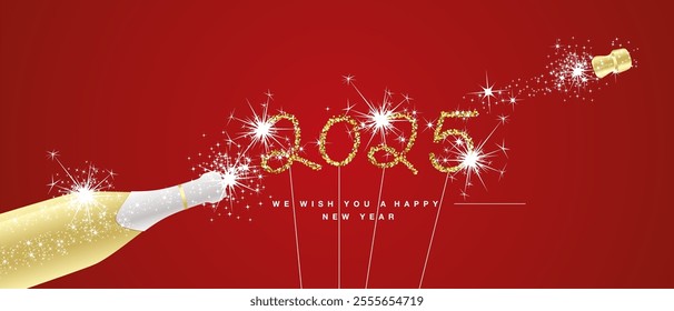 New Year 2025 eve handwritten tipography 2025 golden glitter stars sparkler fireworks open champagne bottle red background. New Year 2025 greeting card