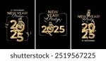 New Year 2025 event design templates. Elegant and modern style. Golden 2025 numbers and champagne glasses silhouette toasting. Vector illustration.