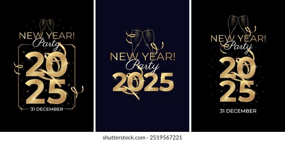 New Year 2025 event design templates. Elegant and modern style. Golden 2025 numbers and champagne glasses silhouette toasting. Vector illustration.