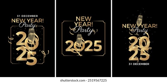 Modelos de design de evento de Ano Novo 2025. Estilo elegante e moderno. Golden 2025 números e champanhe copos silhueta brinde. Ilustração vetorial.