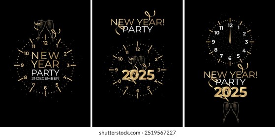 New Year 2025 event design templates. Golden 2025 numbers, countdown clock and champagne glasses silhouette. Elegant and modern style. Vector illustration.