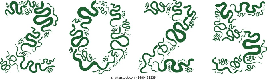 new year 2025. figures in the form of green snakes. the symbol of the year. winter holiday. graphic drawing. background for the design.