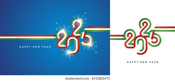 Neujahr 2025 Fahnenband in Form von 2025. Abstrakte grüne weiße rote Flagge von Italien Form 2025 Logo mit funkelndem Feuerwerk einzeln auf weißem und blauem Hintergrund