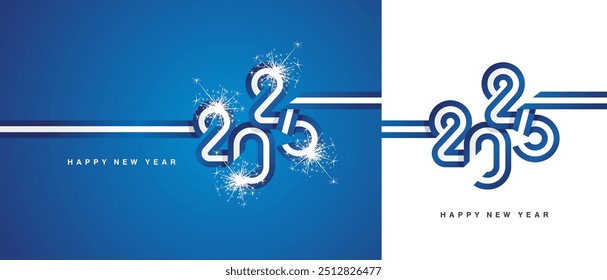 New Year 2025 flag ribbon in the shape of 2025. Abstract blue white flag of Greece shape 2025 logo with sparkle firework isolated on white and blue background