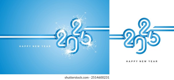 New Year 2025 flag ribbon in the shape of 2025. Abstract light blue white flag of Honduras shape 2025 logo with sparkle firework isolated on white and sky blue background