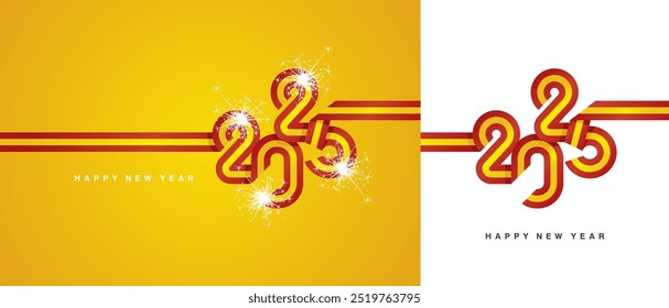New Year 2025 flag ribbon in the shape of 2025. Abstract light red yellow flag of Spain shape 2025 logo with sparkle firework isolated on white and yellow background