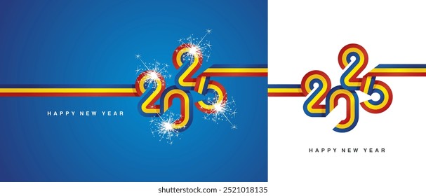 New Year 2025 flag ribbon in the shape of 2025. Abstract light blue yellow red flag of Romania shape 2025 logo with sparkle firework isolated on white and blue background