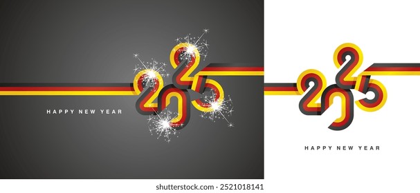 New Year 2025 flag ribbon in the shape of 2025. Abstract light black red yellow flag of Germany shape 2025 logo with sparkle firework isolated on white and black background