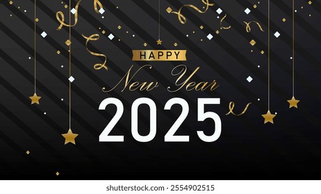 New year 2025 flat design illustration, with confetti gold text and stripe black background