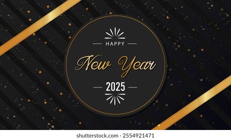 New year 2025 flat design illustration greeting card, with black stripe background and golden text.