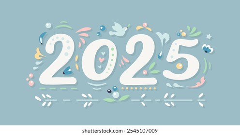 New Year 2025 floral numbers with dove of peace. Scandinavian color palette. Ethnic folk trendy greeting card for Happy winter Holiday. Hygge vector
